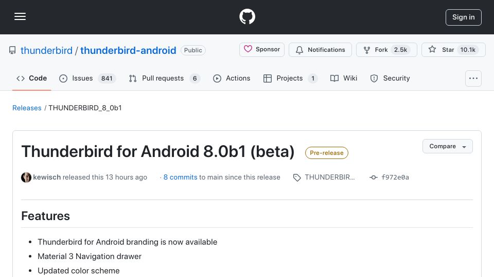 Screenshot of github.com: Thunderbird for Android Beta has been released