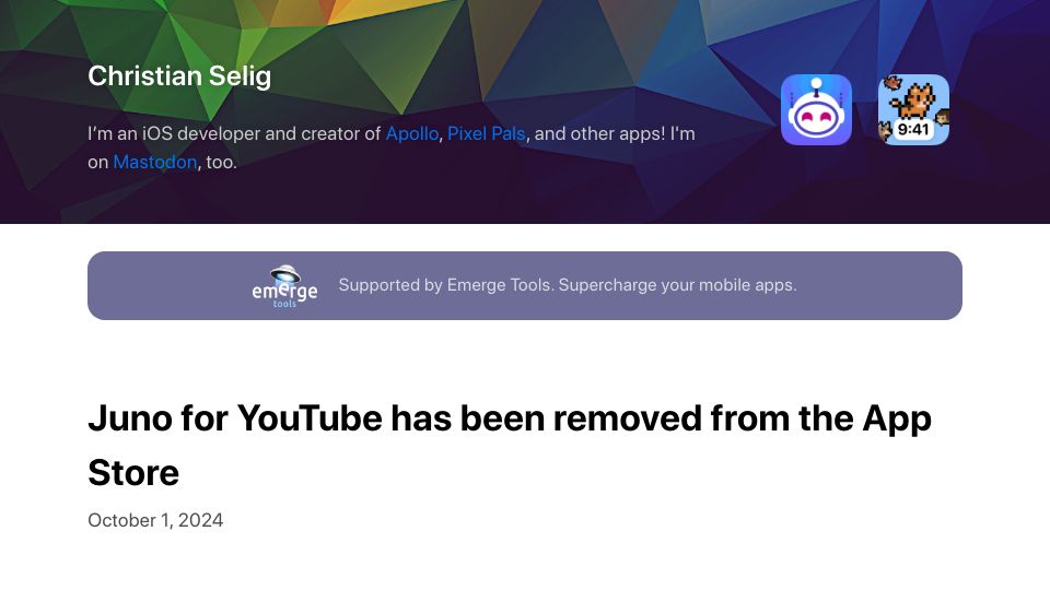 Screenshot of christianselig.com: Juno for YouTube has been removed from the App Store