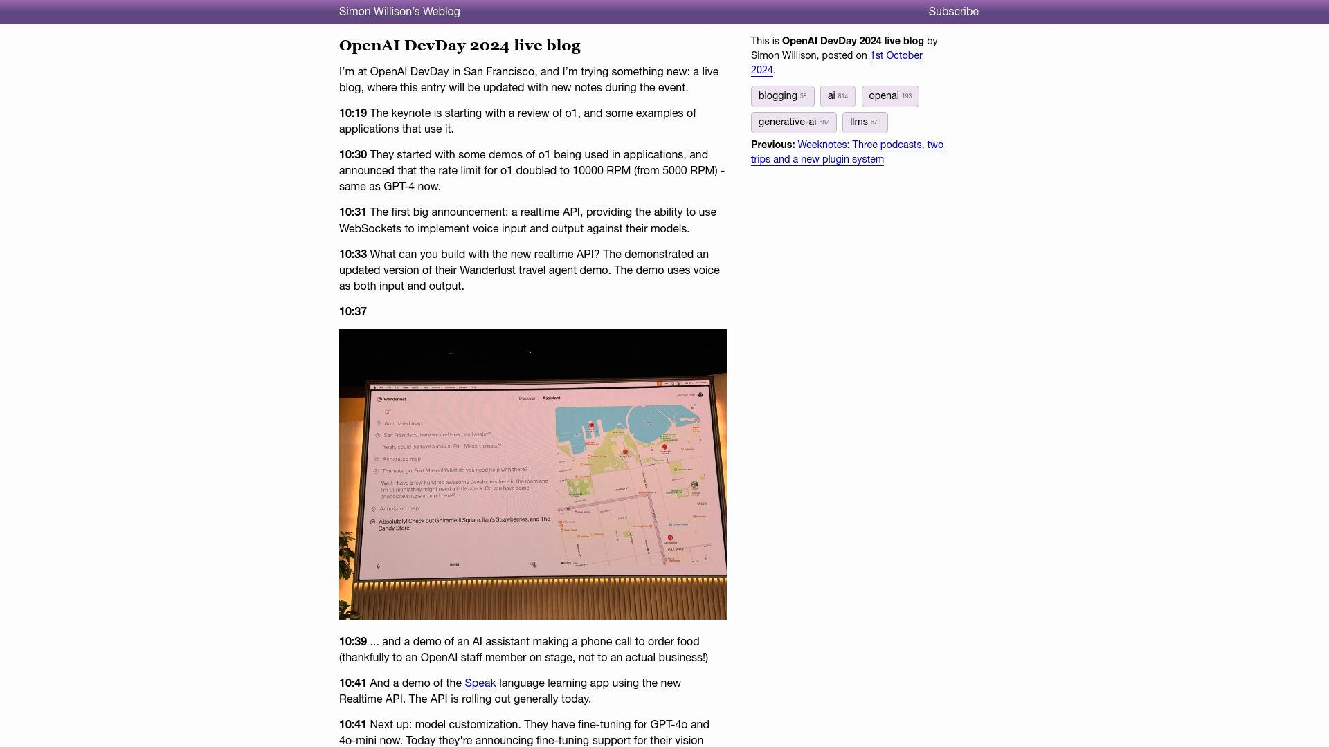 Screenshot of simonwillison.net: OpenAI DevDay 2024 live blog