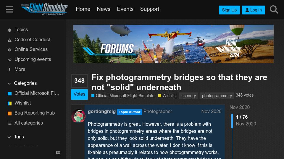 Screenshot of forums.flightsimulator.com: Fix photogrammetry bridges so that they are not "solid" underneath (2020)