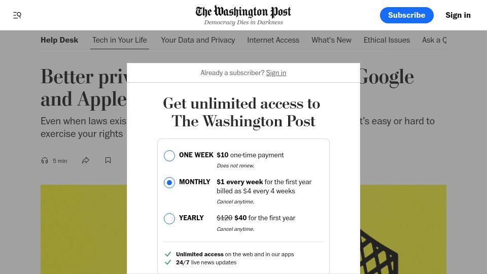 Screenshot of washingtonpost.com: Better privacy can be one click away. Google and Apple won't allow it