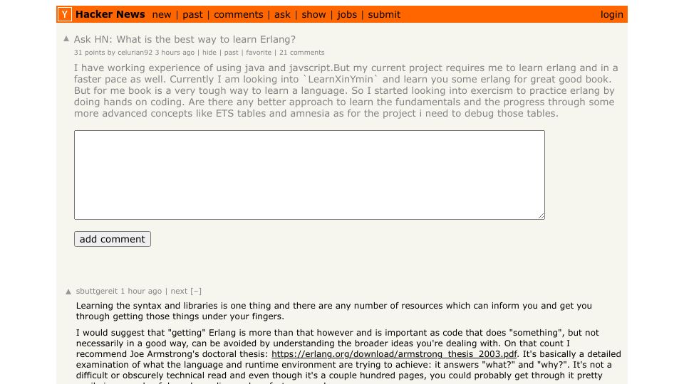 Screenshot of Hacker News post: Ask HN: What is the best way to learn Erlang?