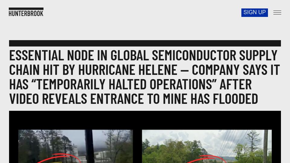 Screenshot of hntrbrk.com: Essential Node in Global Semiconductor Supply Chain Hit by Hurricane Helene