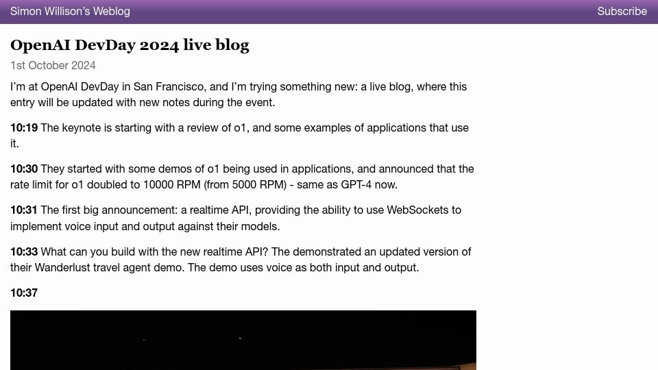 Screenshot of simonwillison.net: OpenAI DevDay 2024 live blog