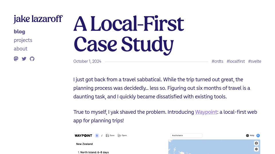 Screenshot of jakelazaroff.com: A Local-First Case Study