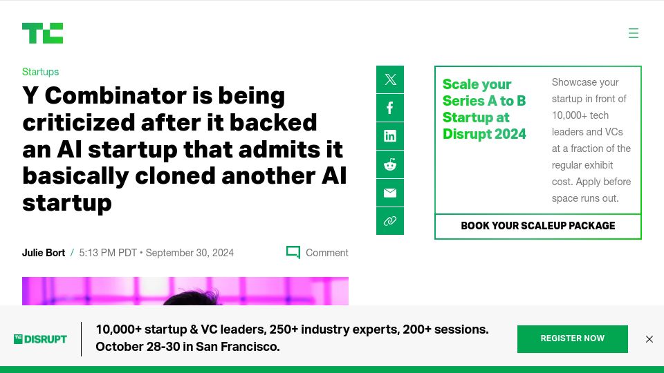 Screenshot of techcrunch.com: YC criticized for backing AI startup that simply cloned another AI startup