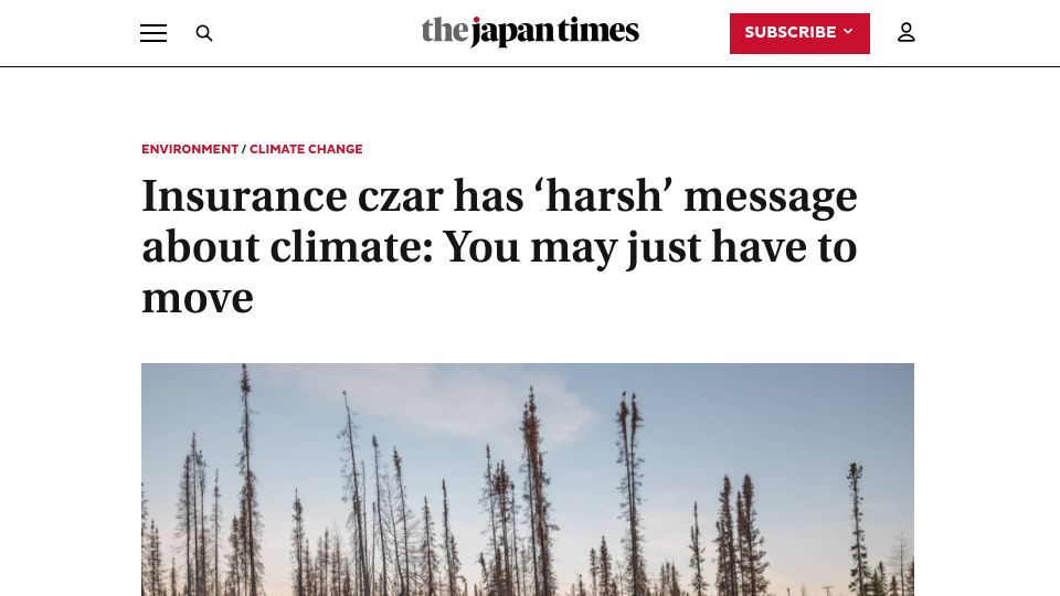 Screenshot of japantimes.co.jp: Insurance czar has 'harsh' message about climate: you may just have to move