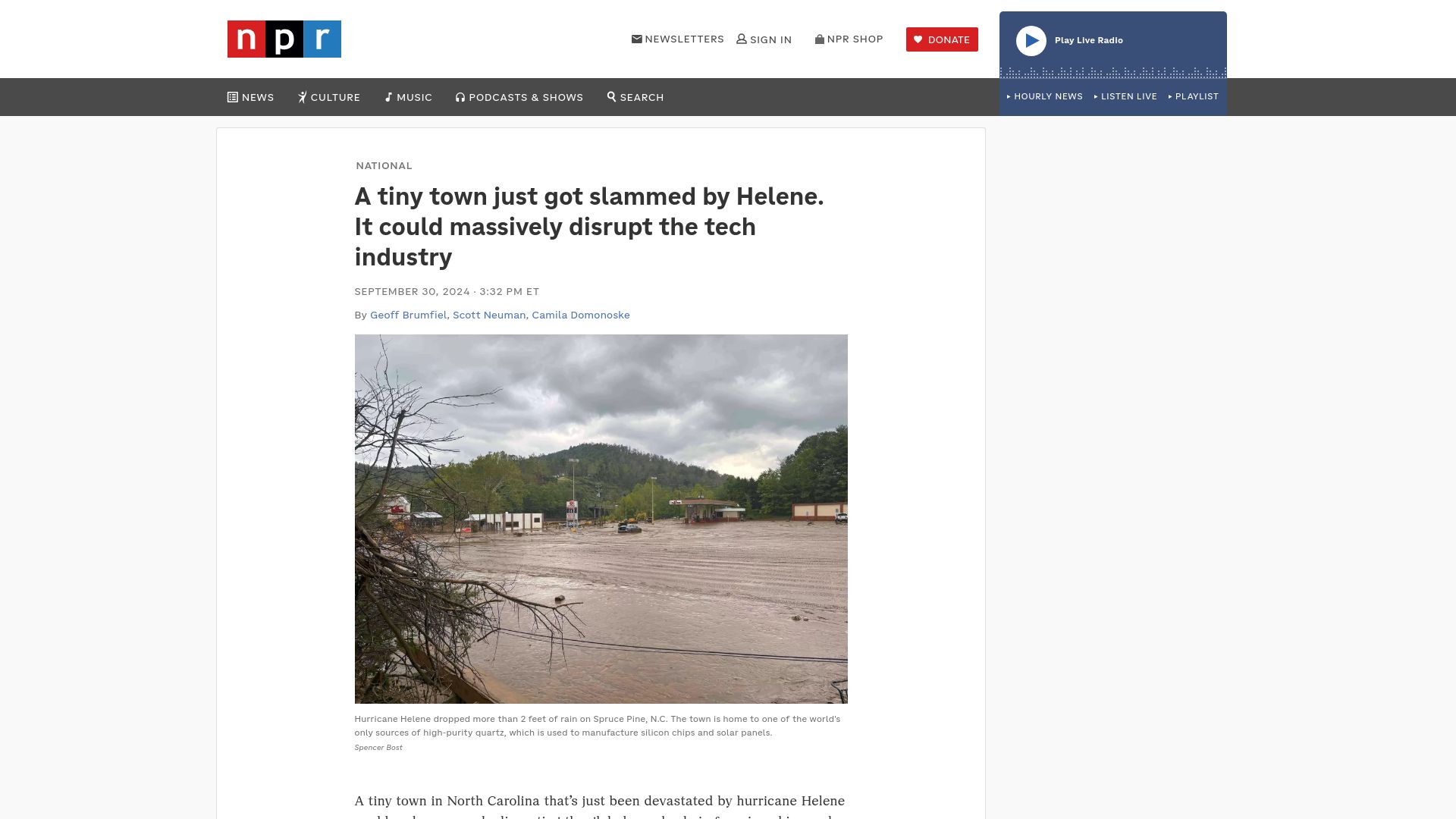 Screenshot of npr.org: Essential node in global semiconductor supply chain hit by Hurricane Helene