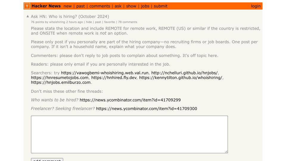Screenshot of Hacker News post: Ask HN: Who is hiring? (October 2024)