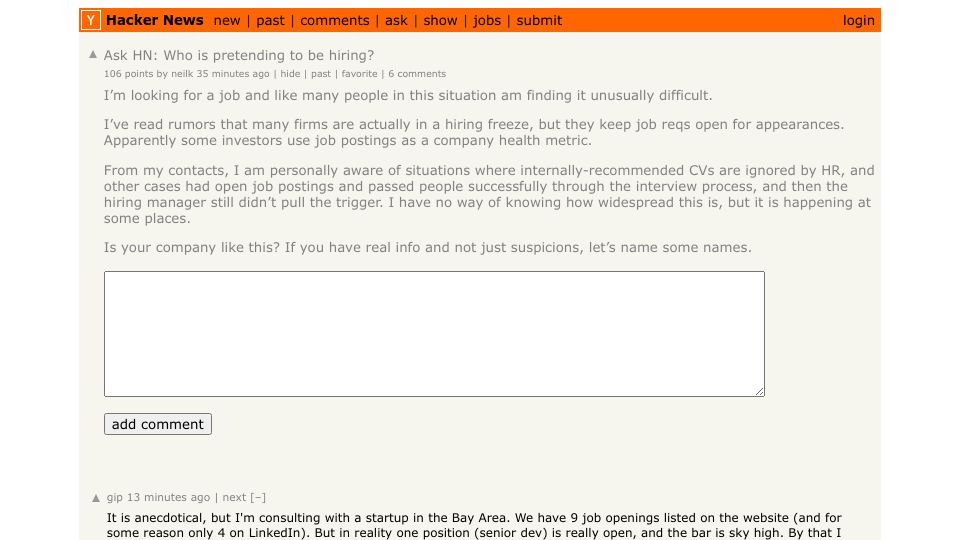 Screenshot of Hacker News post: Ask HN: Who is pretending to be hiring?