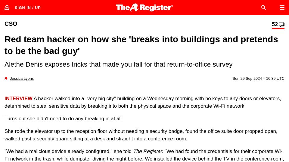 Screenshot of theregister.com: Red team hacker on how she breaks into buildings and pretends to be the bad guy