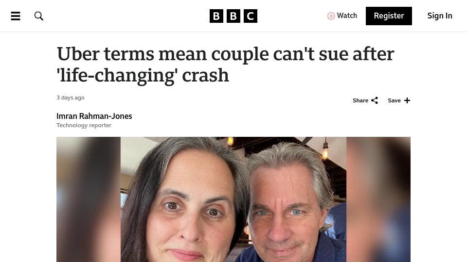 Screenshot of bbc.com: Uber terms mean couple can't sue after 'life-changing' crash