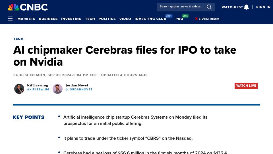 Screenshot of cnbc.com: AI chipmaker Cerebras files for IPO