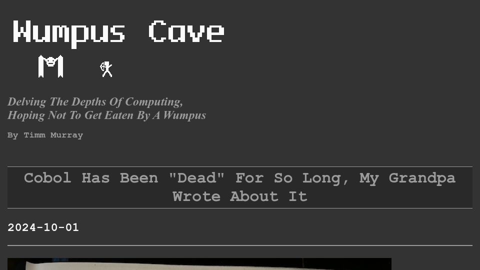 Screenshot of wumpus-cave.net: COBOL has been “dead” for so long, my grandpa wrote about it