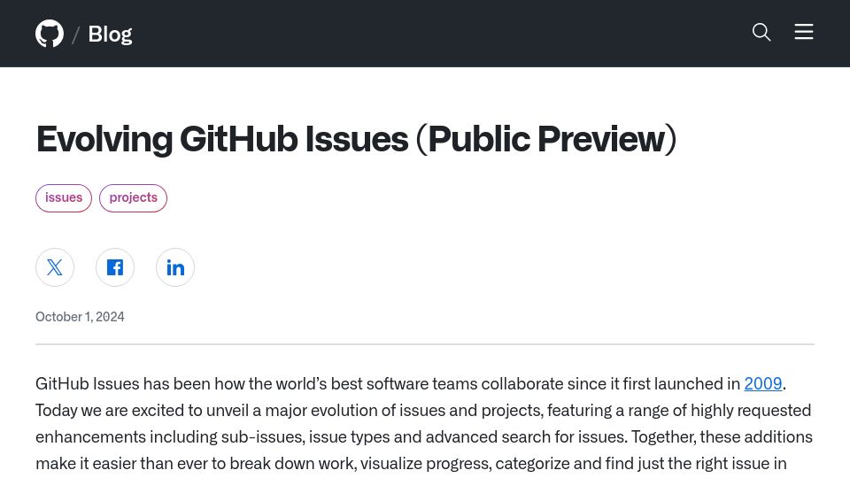 Screenshot of github.blog: Evolving GitHub Issues