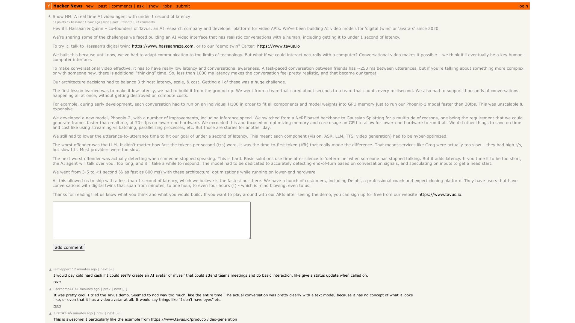 Screenshot of this Hacker News post: Show HN: A real time AI video agent with under 1 second of latency