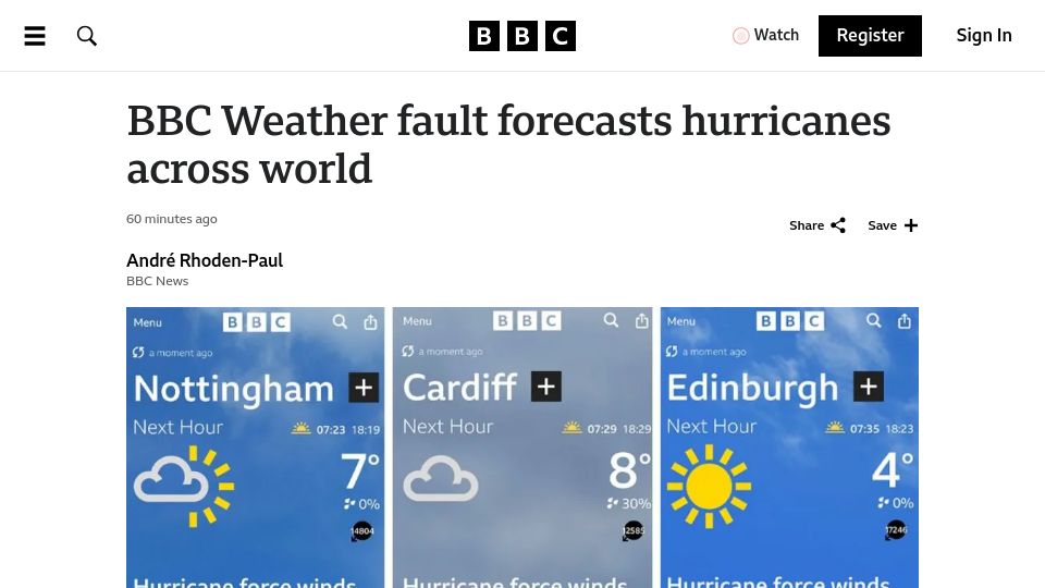 Screenshot of bbc.co.uk: BBC Weather app bug suggests hurricane winds in UK