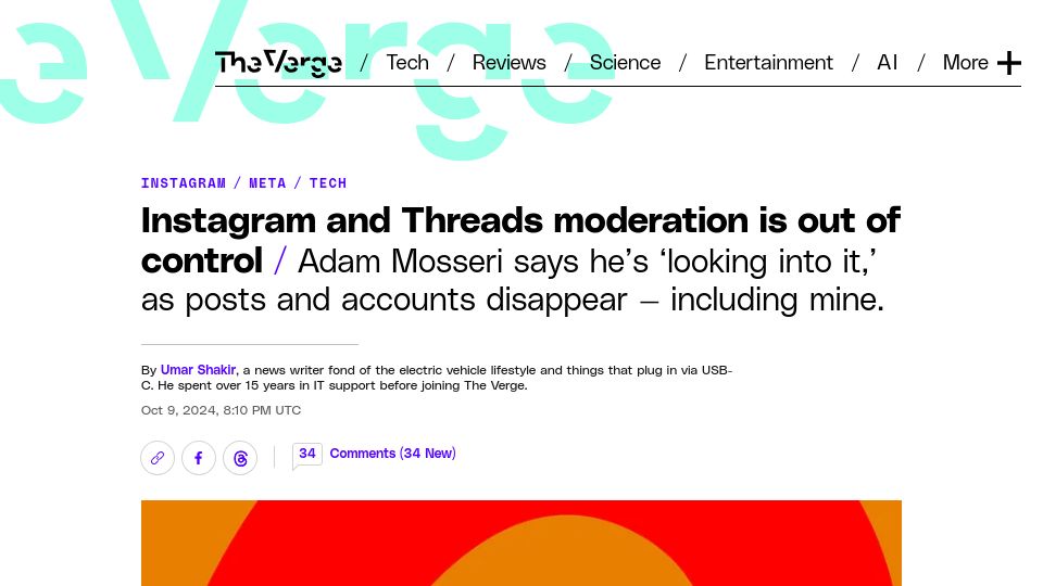 Screenshot of theverge.com: Instagram and Threads moderation is out of control
