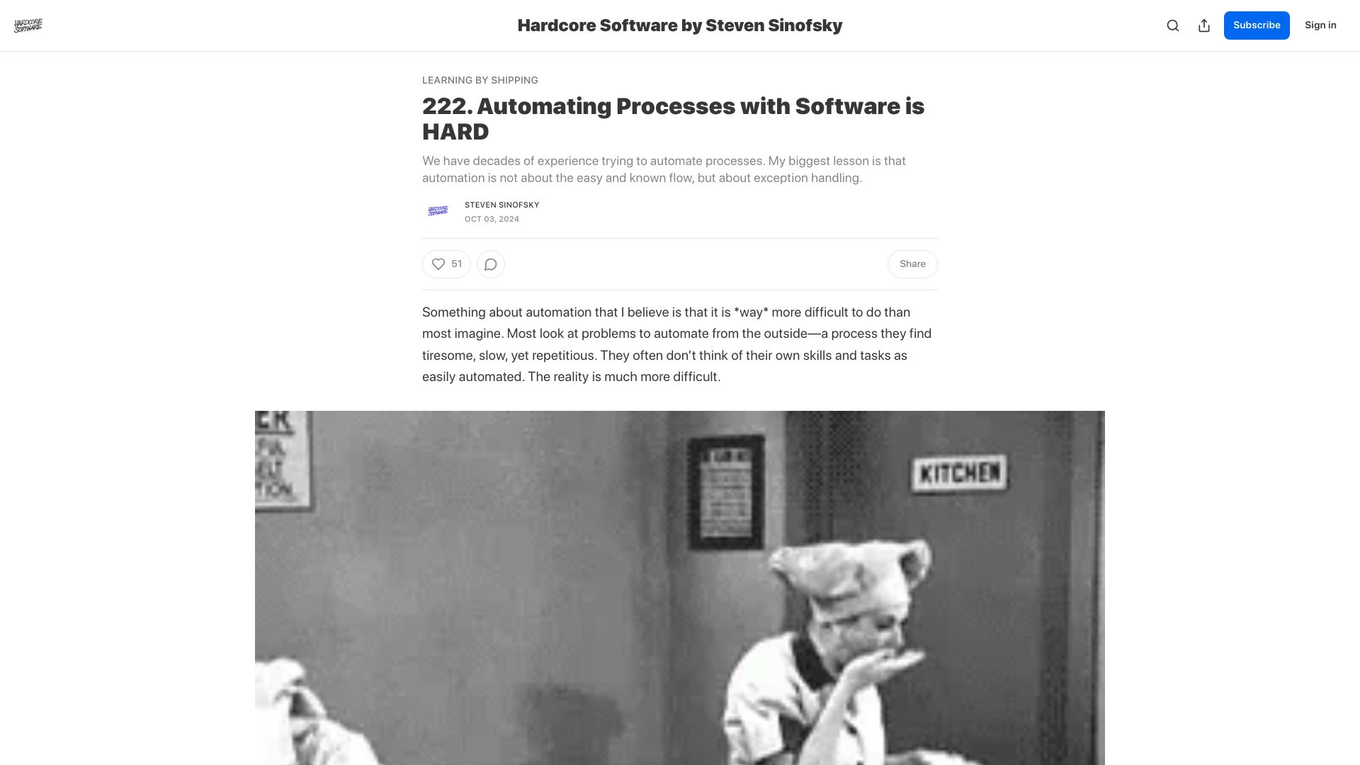 Screenshot of hardcoresoftware.learningbyshipping.com: Automating processes with software is hard
