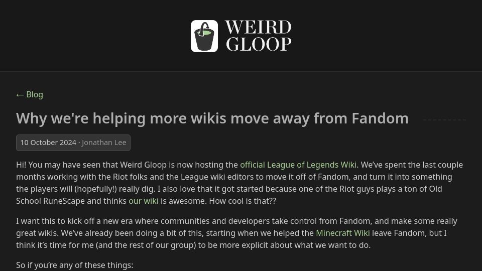 Screenshot of weirdgloop.org: Helping wikis move away from Fandom
