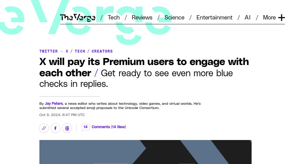 Screenshot of theverge.com: X will pay its Premium users to engage with each other