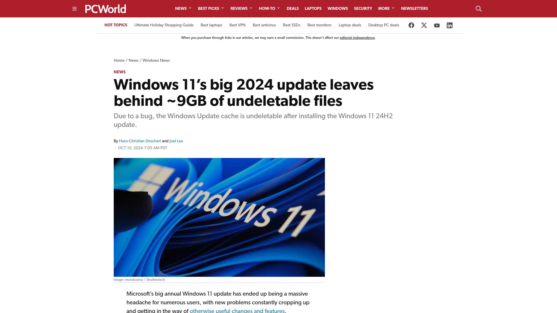 Screenshot of pcworld.com: Windows 11's Big 2024 Update Leaves Behind 9GB of Undeletable Files