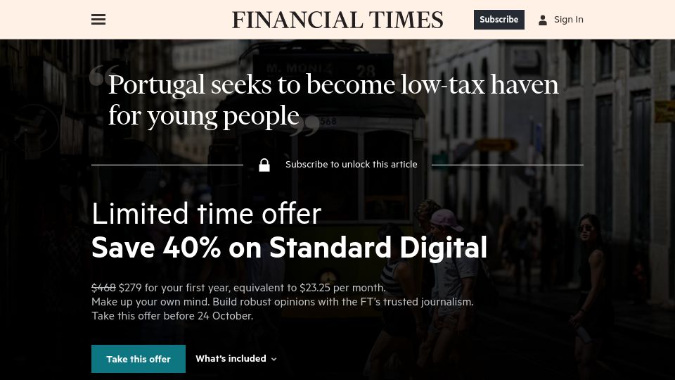 Screenshot of ft.com: Portugal seeks to become low-tax haven for young people