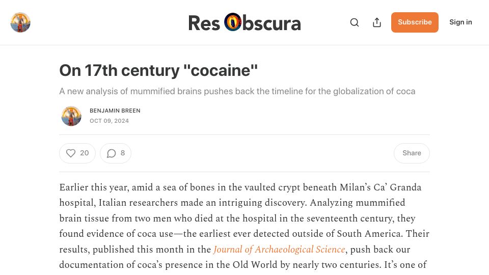 Screenshot of resobscura.substack.com: On 17th century "cocaine"