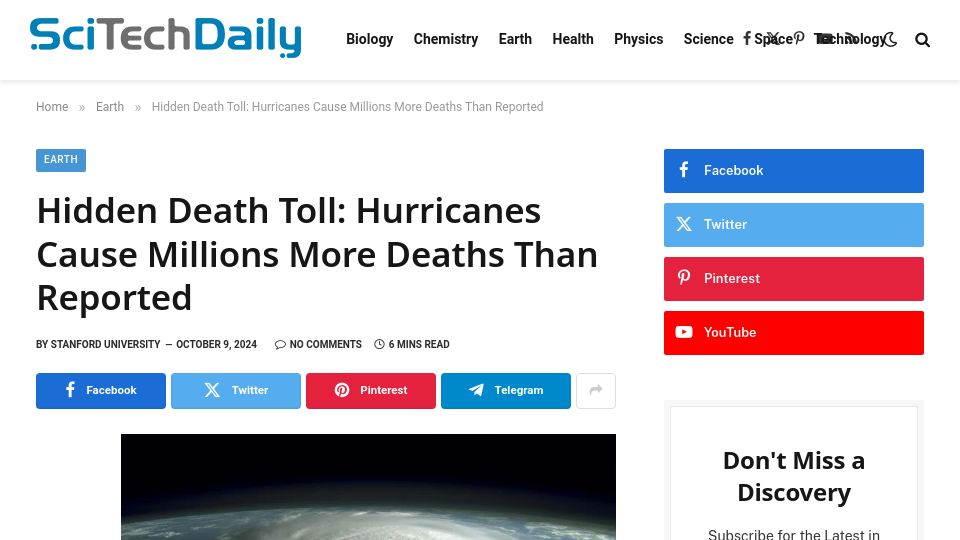 Screenshot of scitechdaily.com: Hurricanes Cause Millions More Deaths Than Reported