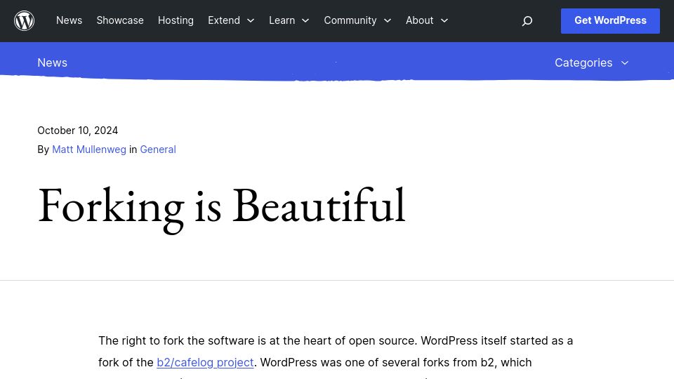 Screenshot of wordpress.org: Forking Is Beautiful