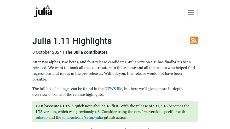 Screenshot of julialang.org: Julia 1.11 Highlights