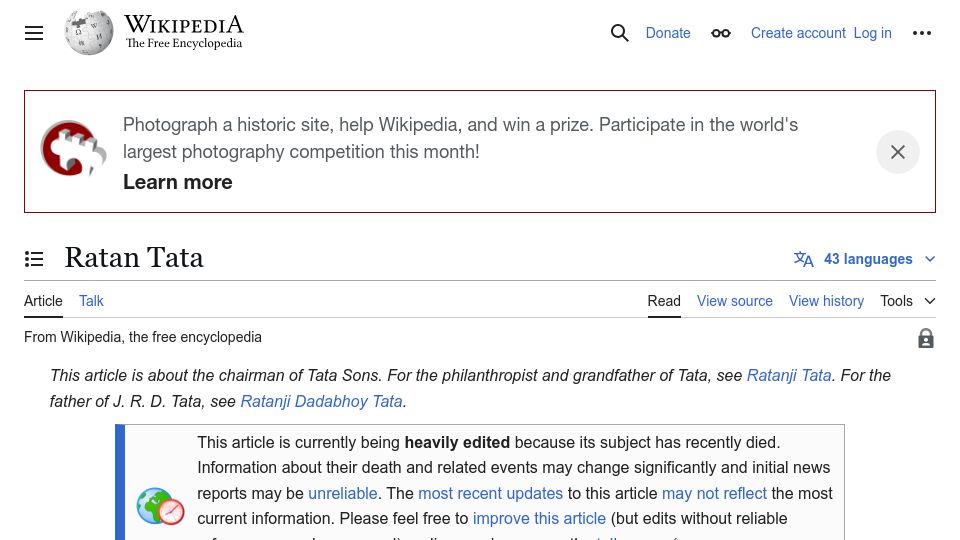 Screenshot of en.wikipedia.org: Indian entrepreneur, industrialist, and philanthropist, Ratan Tata, dead at 86