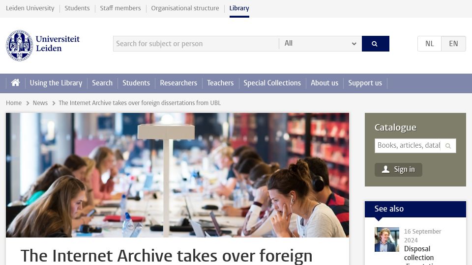 Screenshot of library.universiteitleiden.nl: The Internet Archive takes over foreign dissertations from Leiden University