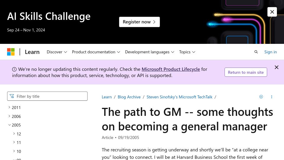 Screenshot of learn.microsoft.com: The path to GM: some thoughts on becoming a general manager (2005)