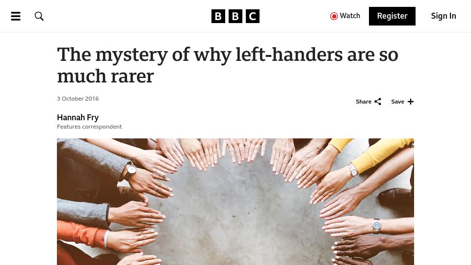 Screenshot of bbc.com: The mystery of why left-handers are so much rarer (2016)