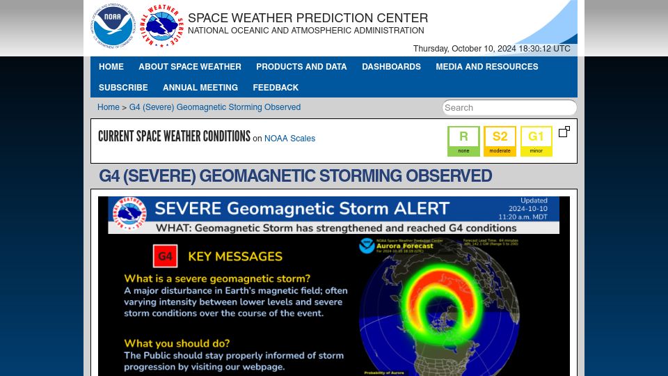 Screenshot of swpc.noaa.gov: G4 (Severe) Geomagnetic Storming Observed