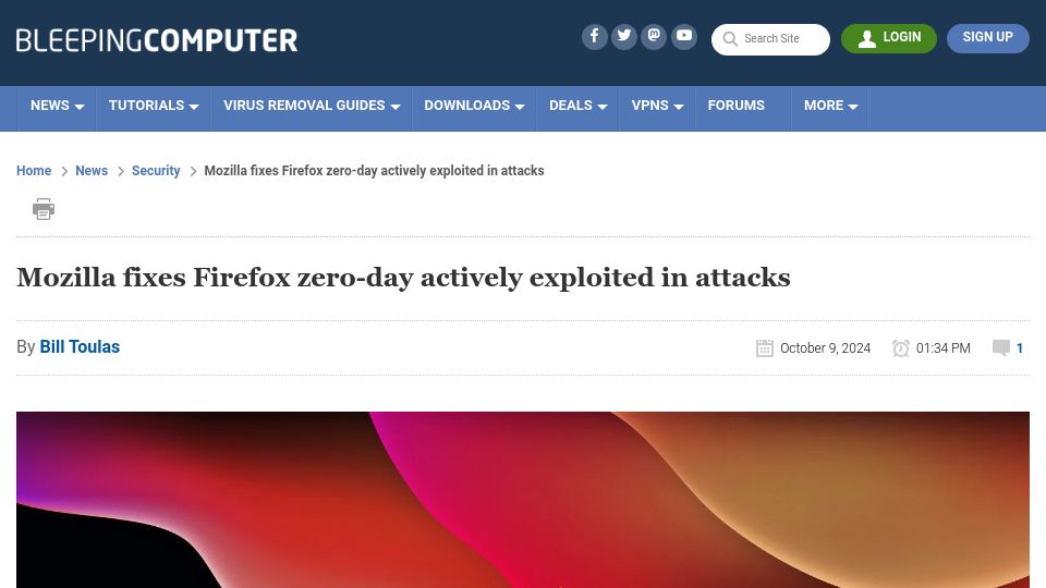 Screenshot of bleepingcomputer.com: Mozilla fixes Firefox zero-day actively exploited in attacks