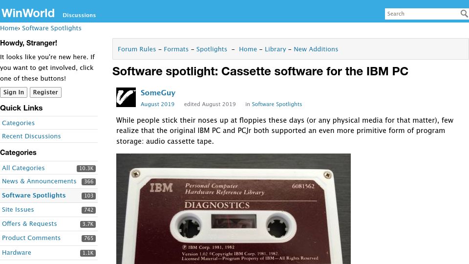 Screenshot of forum.winworldpc.com: Software spotlight: Cassette software for the IBM PC
