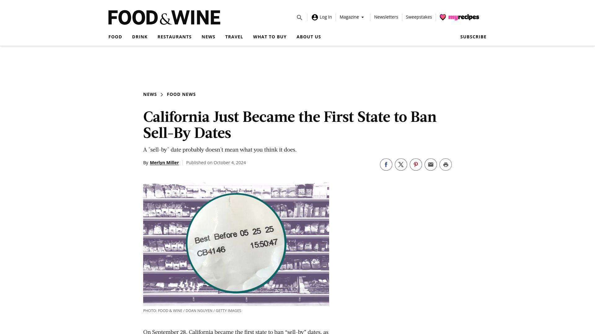 Screenshot of foodandwine.com: California Bans Sell-By Dates