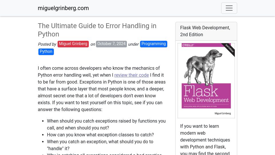 Screenshot of blog.miguelgrinberg.com: The Ultimate Guide to Error Handling in Python