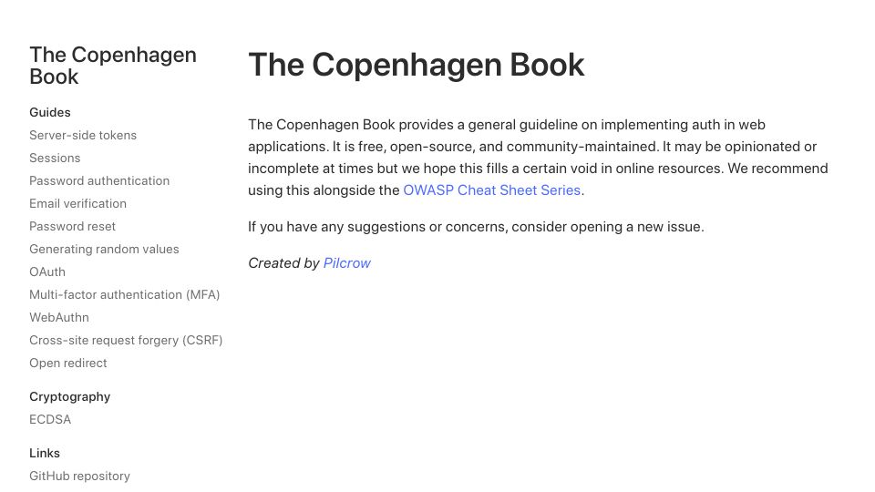 Screenshot of thecopenhagenbook.com: The Copenhagen Book: general guideline on implementing auth in web applications