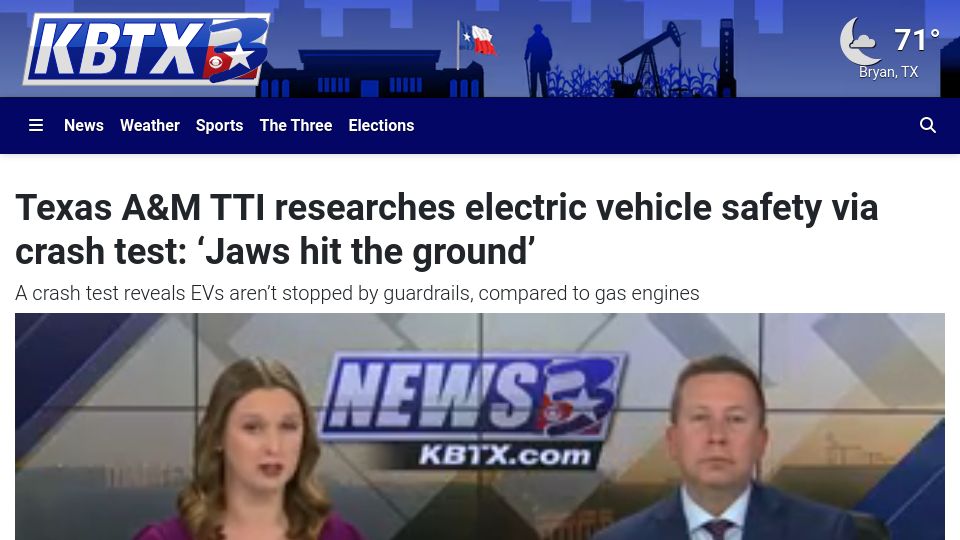 Screenshot of kbtx.com: Electric vehicle safety via crash test