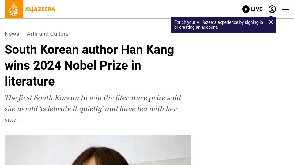 Screenshot of aljazeera.com: South Korean Author Han Kang Wins Nobel Prize