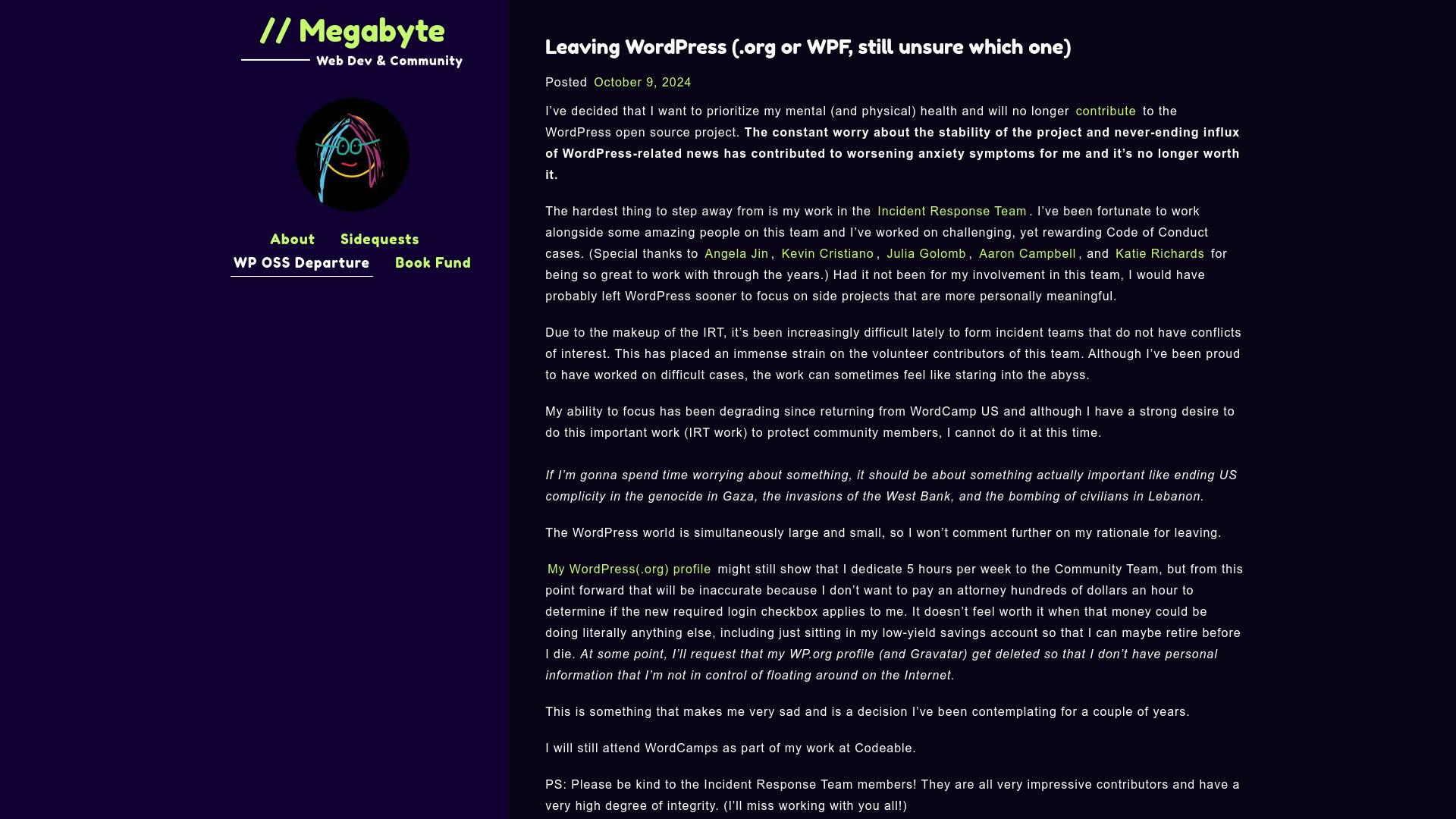 Screenshot of megabyterose.com: Leaving WordPress (.org or WPF, still unsure which one)