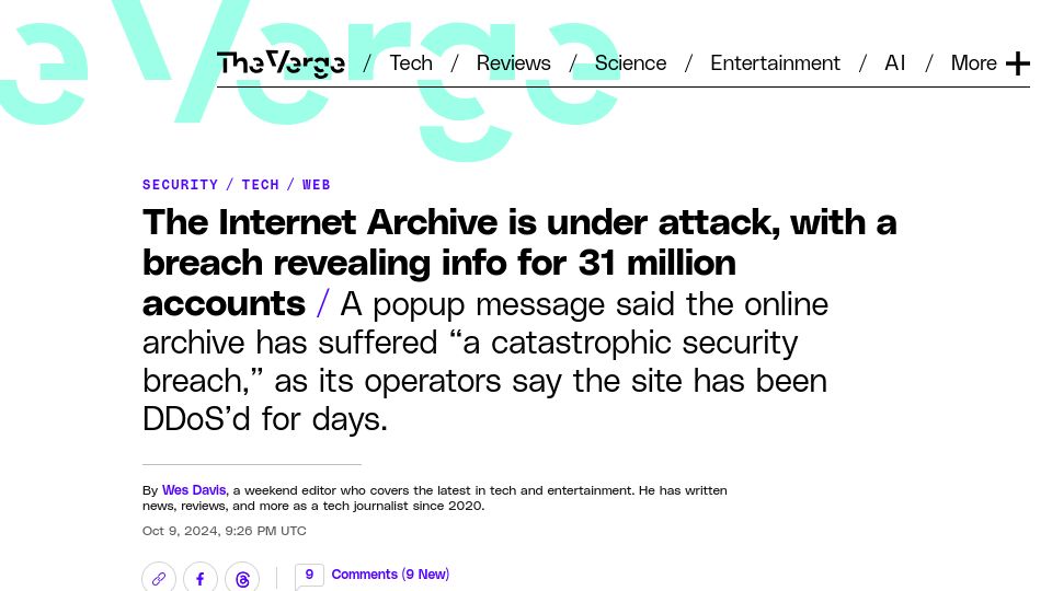 Screenshot of theverge.com: Internet Archive: Security breach alert