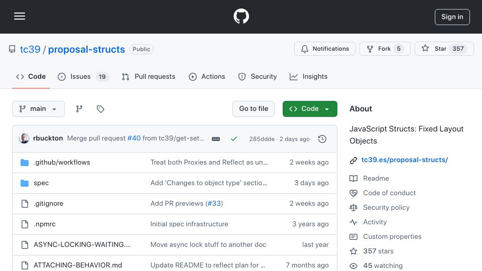 Screenshot of github.com: Proposal: JavaScript Structs
