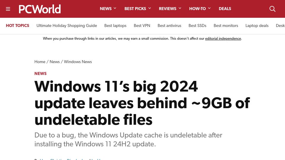 Screenshot of pcworld.com: Windows 11's Big 2024 Update Leaves Behind 9GB of Undeletable Files