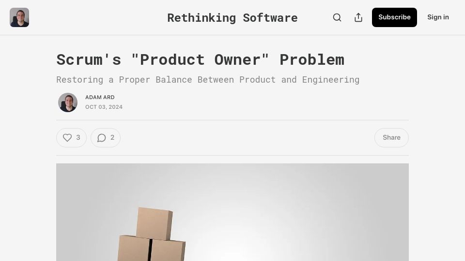 Screenshot of rethinkingsoftware.substack.com: Scrum's “Product Owner” Problem