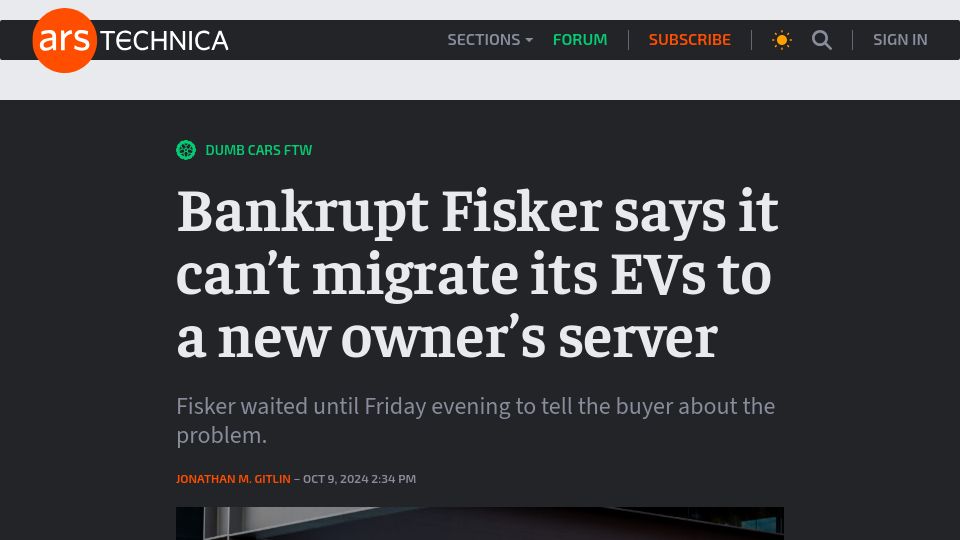 Screenshot of arstechnica.com: Bankrupt Fisker says it can't migrate its EVs to a new owner's server