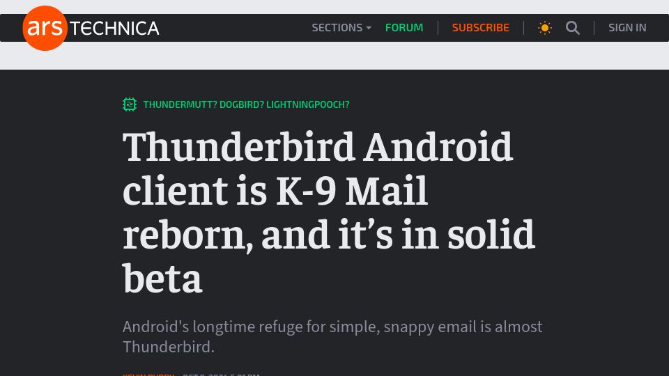Screenshot of arstechnica.com: Thunderbird Android client is K-9 Mail reborn, and it's in solid beta